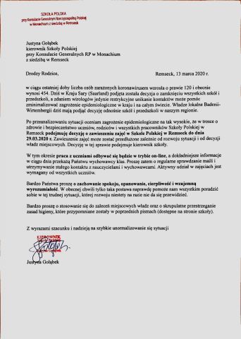 Zawieszenie zajęć w Szkole Polskiej w Remseck do dnia 29.03.2020