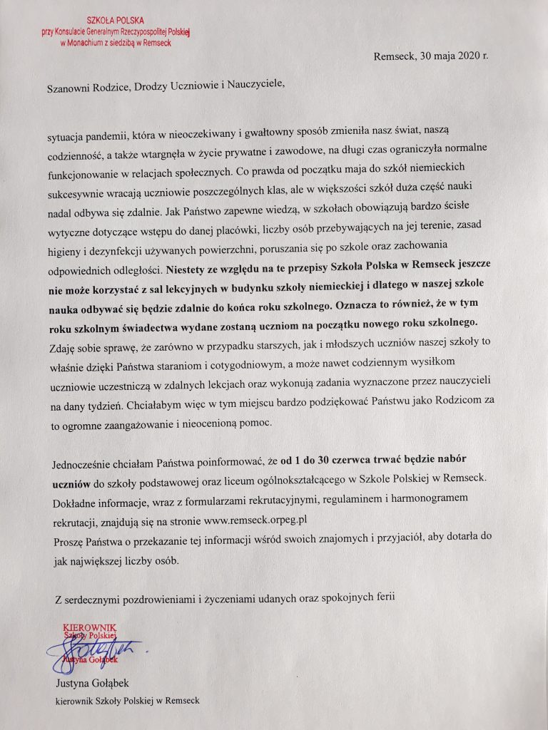Nauka w Szkole Polskiej w Remseck do końca roku szkolnego